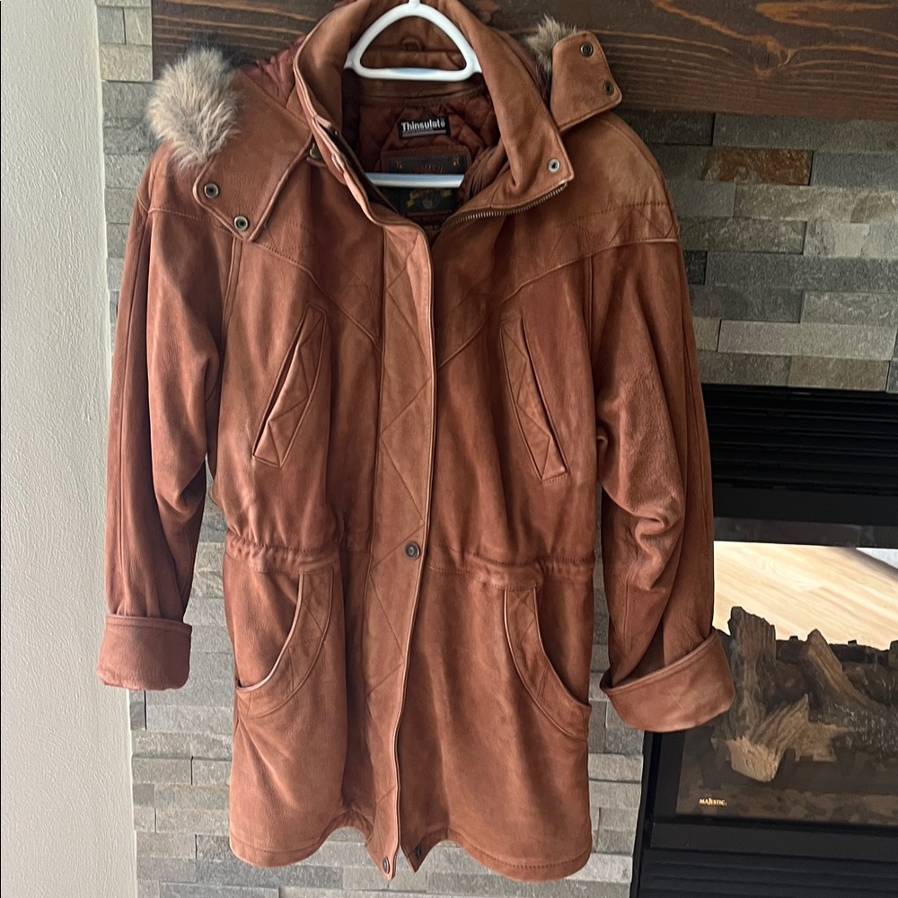 Wilsons Leather Brown Jacket with Faux Fur Trim